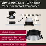 Black LED recessed spotlight with 55 mm depth and connection box for simple 230 V direct installation without transformer