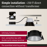Black LED recessed spotlight with 55 mm depth and connection box for simple 230 V direct installation without transformer