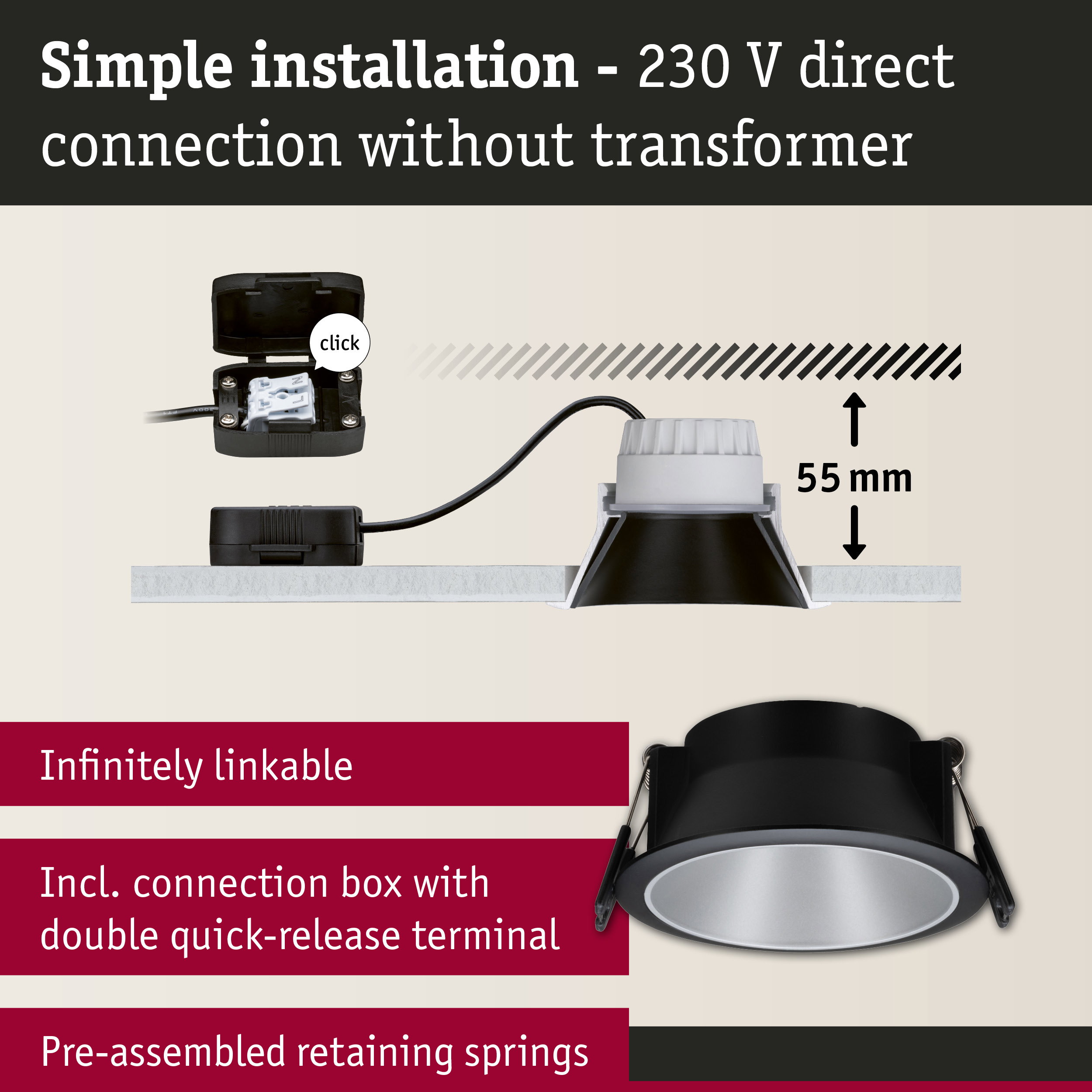 Black recessed spotlight with silver front, 55 mm installation depth, including connection box with quick-release terminal