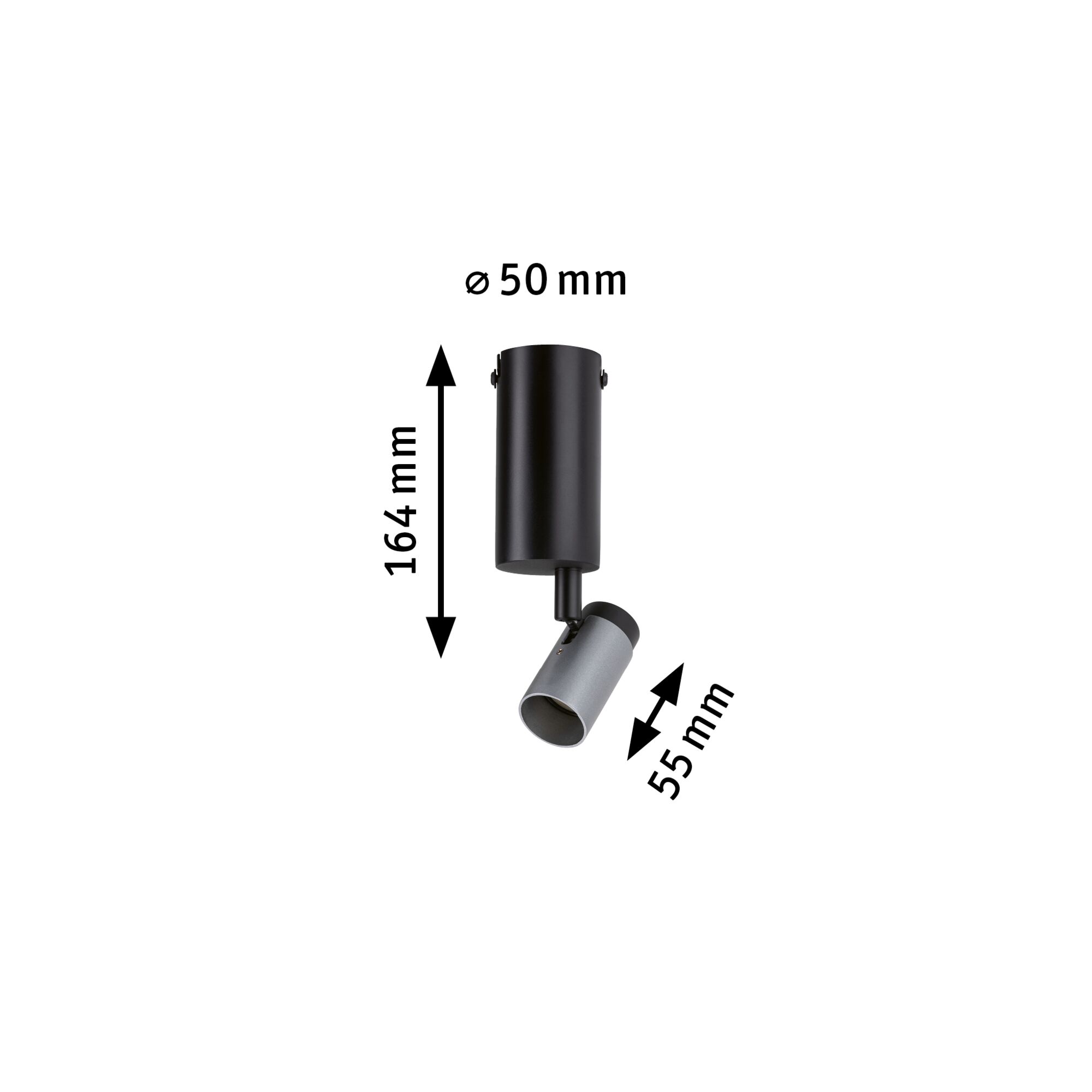 Black and grey metal LED spotlight with 164 mm height and 50 mm diameter, modern LED lighting fixture