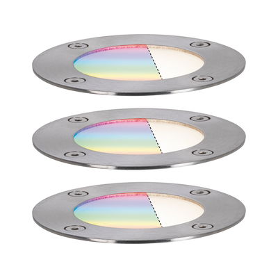 Drei runde Edelstahl-Einbauleuchten mit farbigem Glas und weißem Licht für Außenbeleuchtung