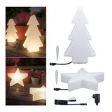 Weiße LED-Dekoleuchten in Tannenbaum- und Sternform aus Kunststoff mit Zubehör für Außenbeleuchtung.
