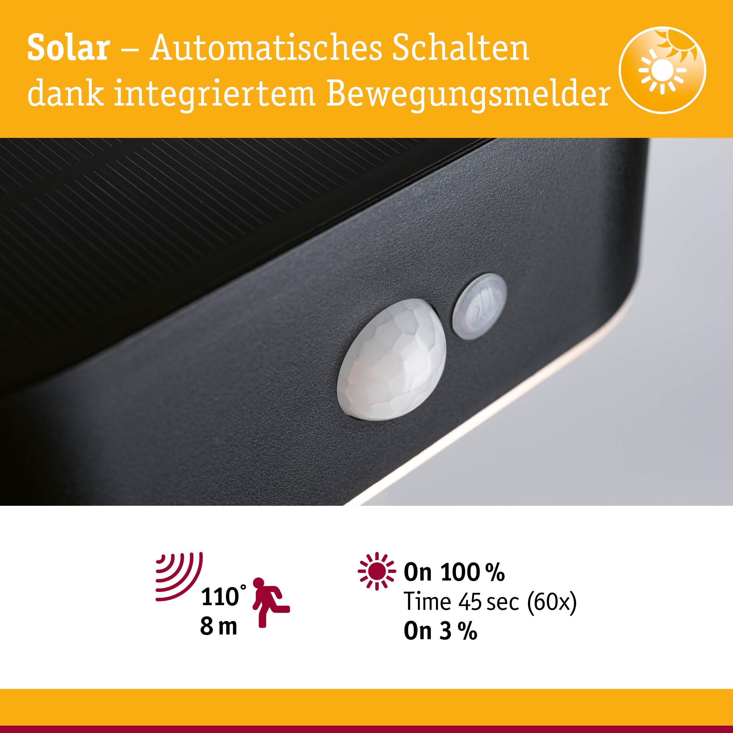 Schwarzes Solarlicht mit integriertem Bewegungsmelder für automatisches Schalten und 110° Erfassungswinkel