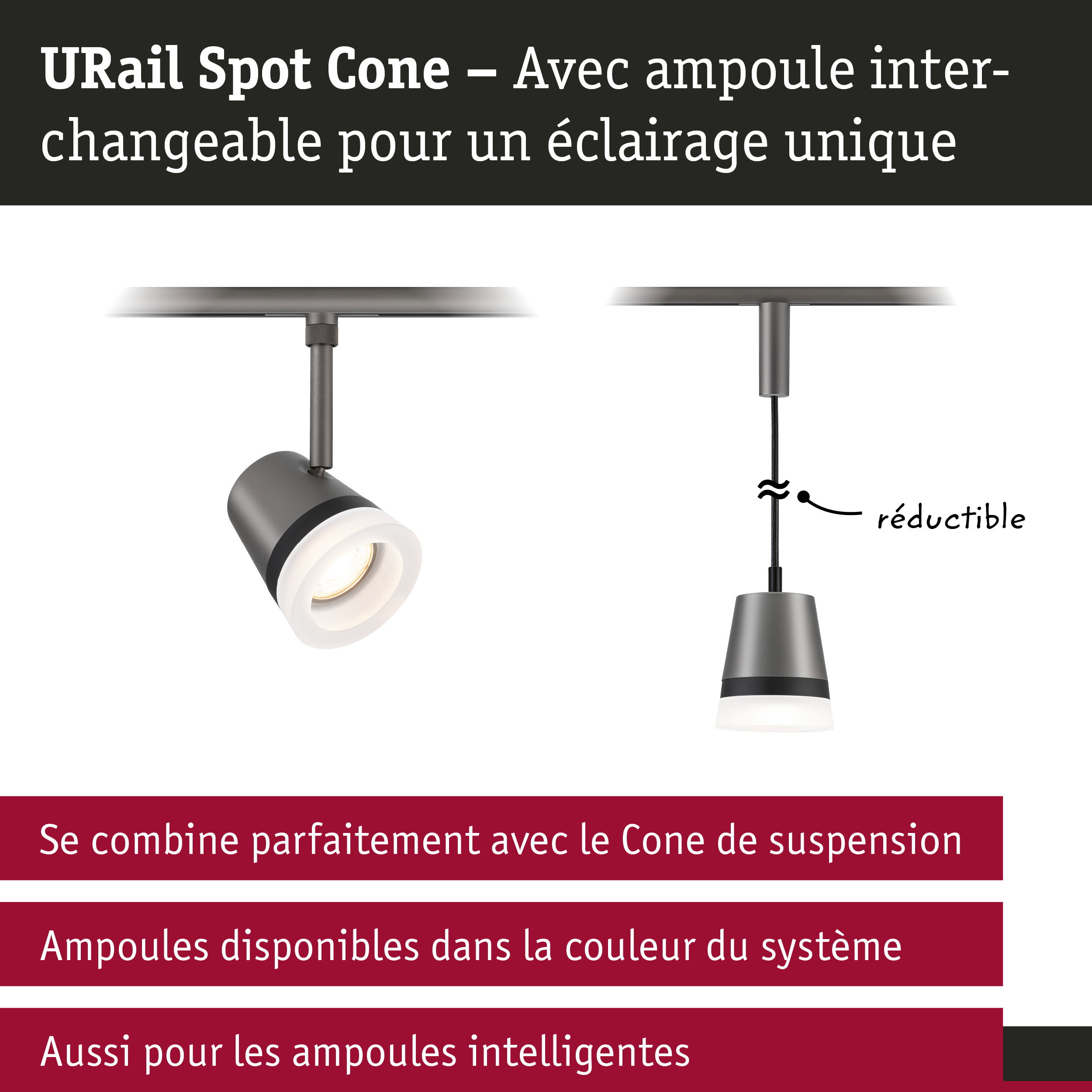 URail Spot sur rail Cone GU10 max. 10W gradable 230V Titanium