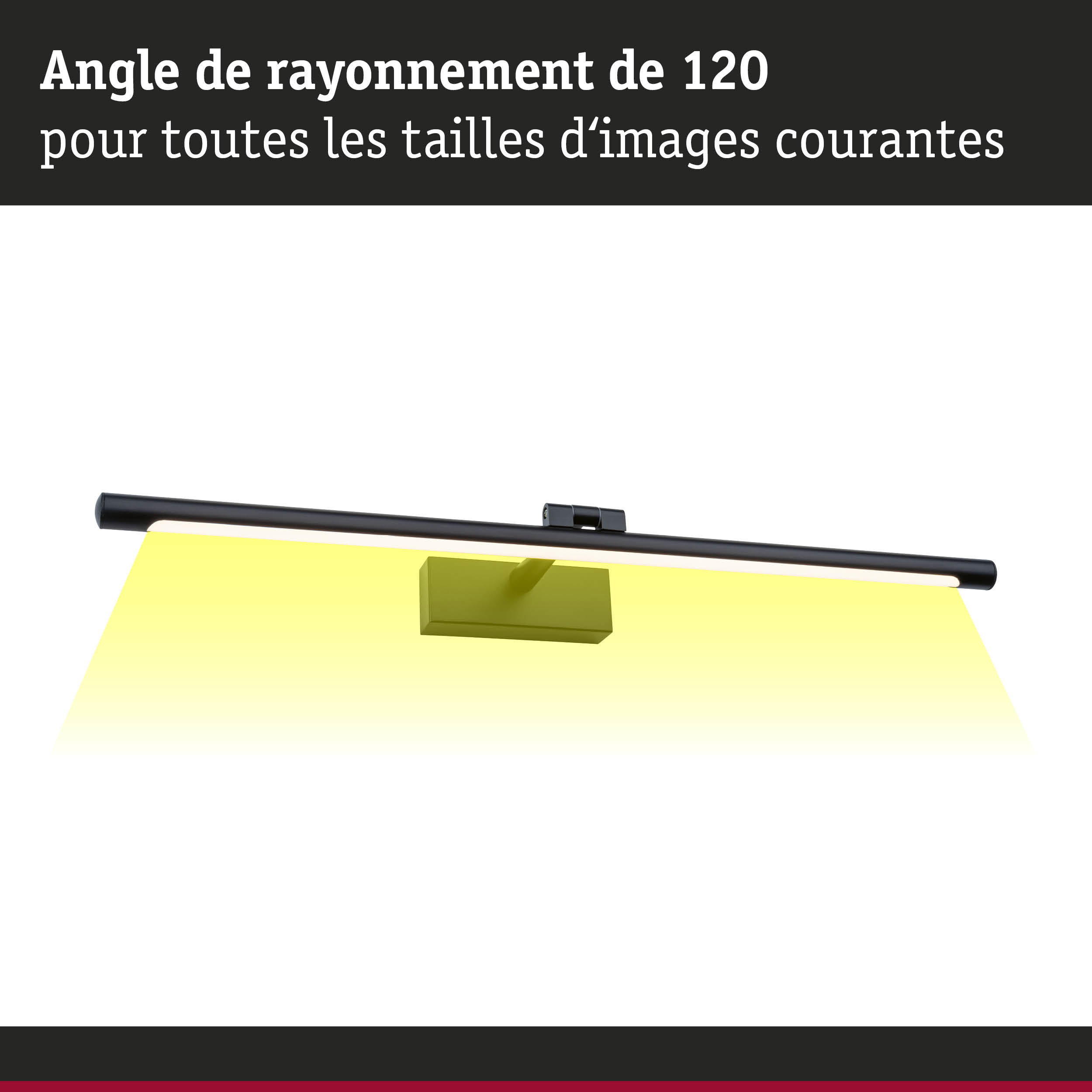 Applique LED noire avec angle de rayonnement de 120 degrés et projection lumineuse jaune au mur