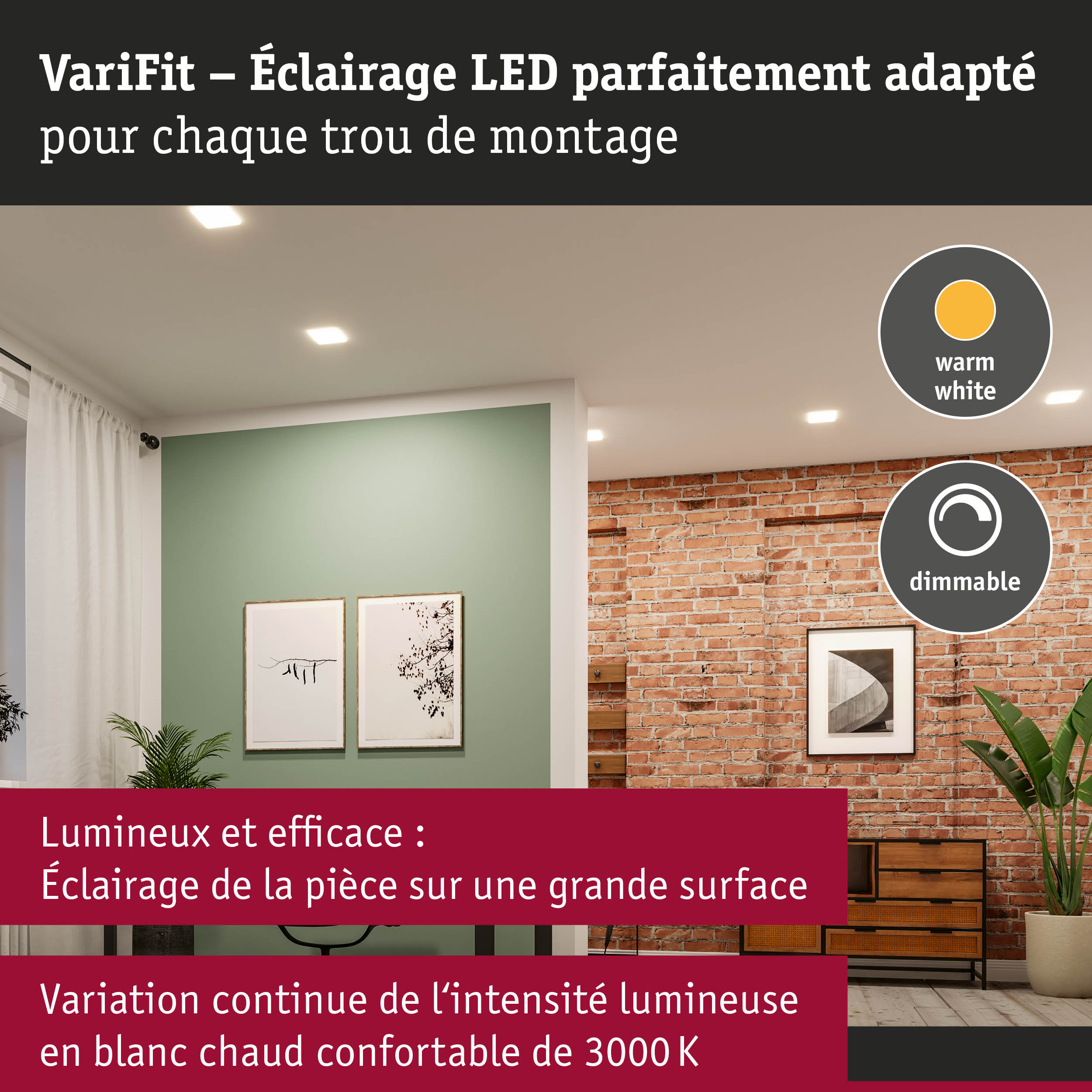 Salon moderne avec éclairage LED dimmable blanc chaud et mur en briques apparentes