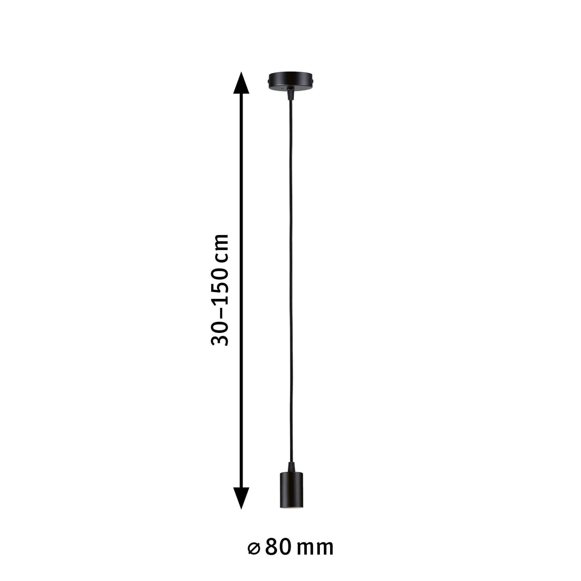 Black metal pendant light with 80 mm diameter and adjustable length from 30 to 150 cm