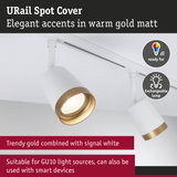 URail Spot Cover in signal white with warm matte gold accents, compatible with GU10 bulbs and smart devices