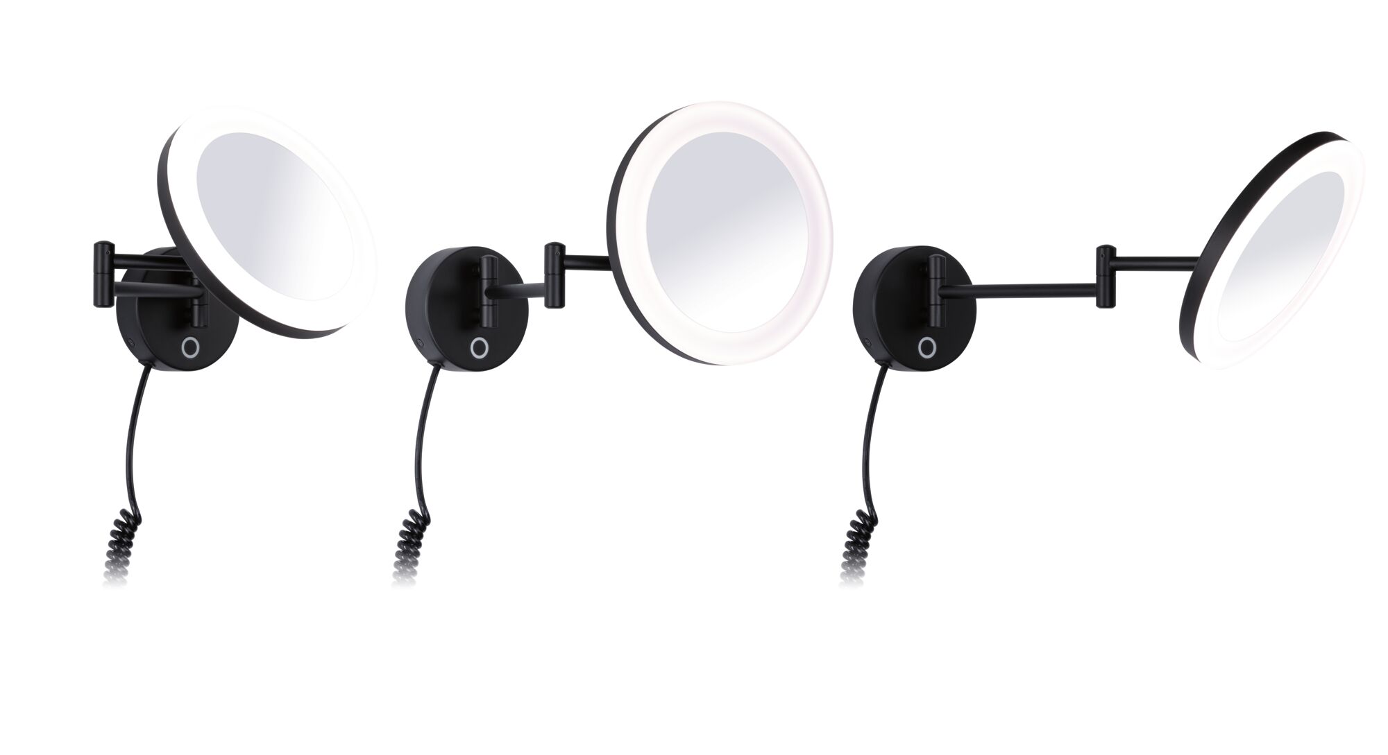 Black LED wall mirrors with adjustable arm and round illuminated frame for bathroom and makeup use.