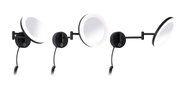 Schwarze LED-Wandspiegel mit verstellbarem Arm und rundem beleuchtetem Spiegelrand für Bad und Kosmetik.