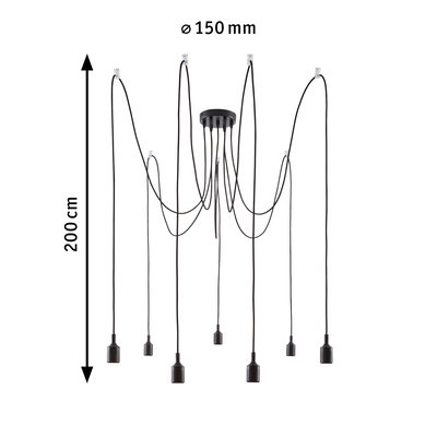 Black pendant light with nine cables and sockets, 200 cm length, 150 mm diameter, modern LED lighting fixture