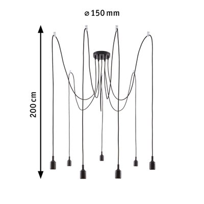 Black pendant light with nine cables and sockets, 200 cm length, 150 mm diameter, modern LED lighting fixture