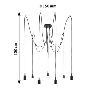 Black pendant light with nine cables and sockets, 200 cm length, 150 mm diameter, modern LED lighting fixture