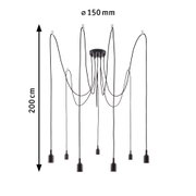 Czarna lampa wisząca z siedmioma przewodami i oprawkami, średnica 150 mm, długość 200 cm, nowoczesne oświetlenie