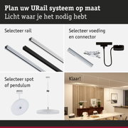 Modulair URail railsysteem in zwart en wit met spots en pendelverlichting voor flexibele verlichting