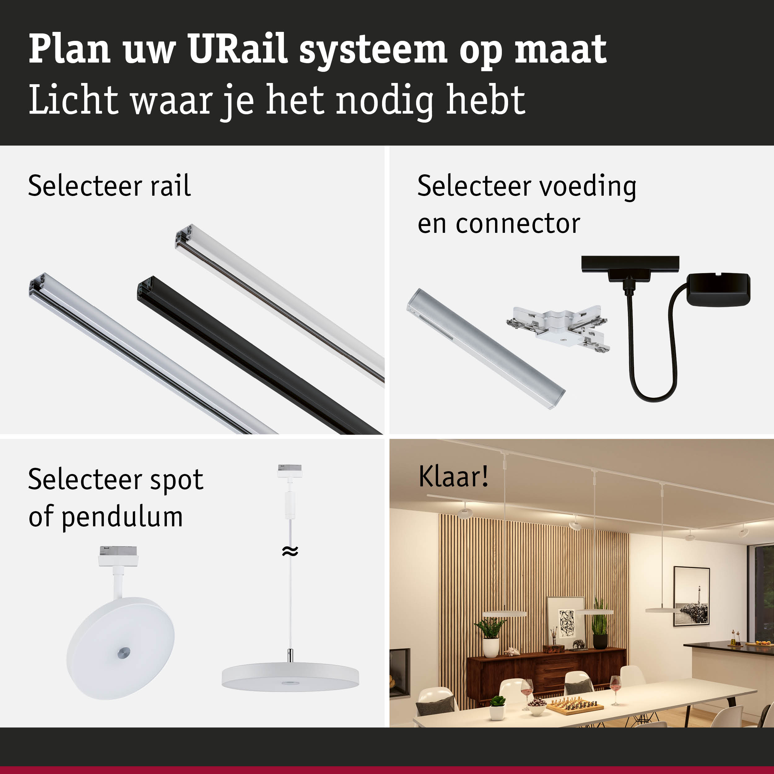 Modulair URail railsysteem in zwart en wit met spots en pendelverlichting voor flexibele verlichting