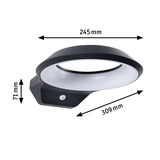Schwarze LED-Außenwandleuchte mit Bewegungsmelder und weißem Diffusor, Maße 245x309x71 mm