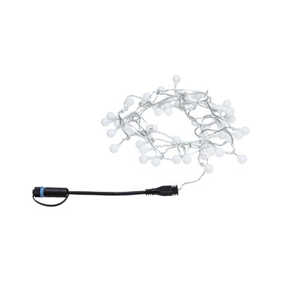 White LED string lights with small bulbs and black connector cable for decorative lighting