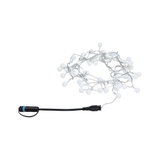 Weiße LED-Lichterkette mit kleinen Kugeln und schwarzem Anschlusskabel für dekorative Beleuchtung