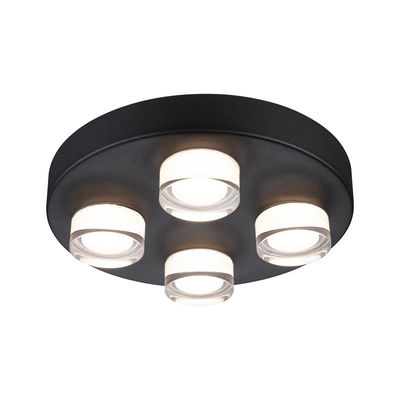 Plafonnier rond avec quatre lentilles LED blanches dans un boîtier métallique noir pour éclairage moderne