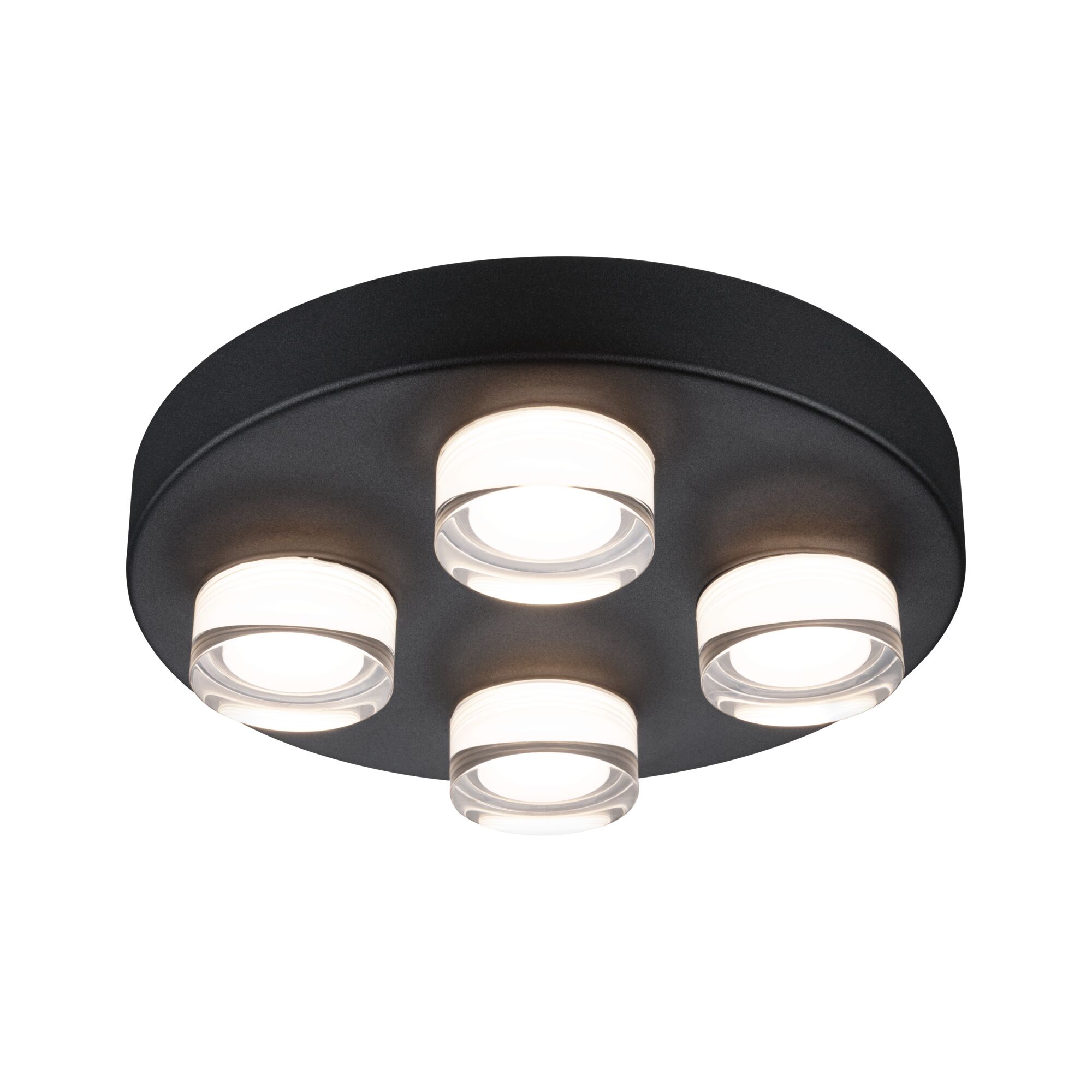 Runde Deckenleuchte mit vier weißen LED-Linsen in schwarzem Metallgehäuse für moderne Beleuchtung
