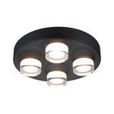 Rund loftlampe med fire hvide LED-linser i sort metalhus til moderne belysning