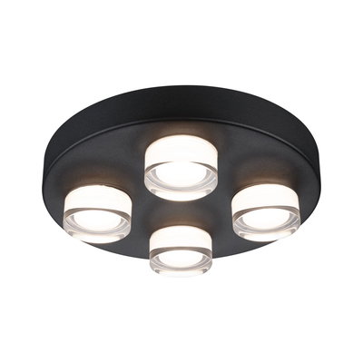 Rund loftlampe med fire hvide LED-linser i sort metalhus til moderne belysning