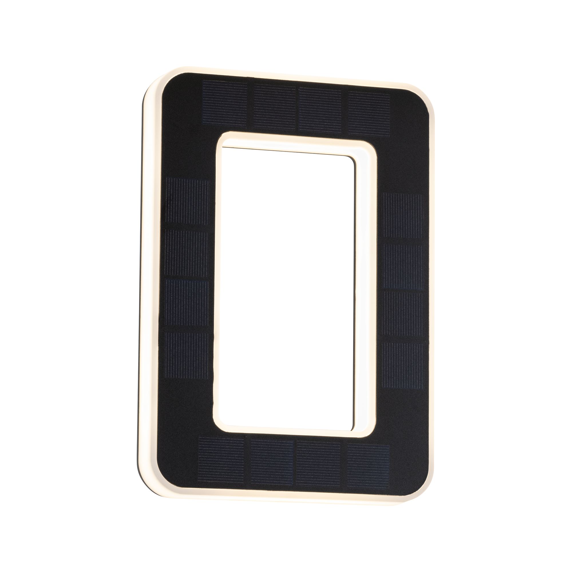Rectangular black solar light with integrated warm white LED ring for energy-efficient outdoor lighting
