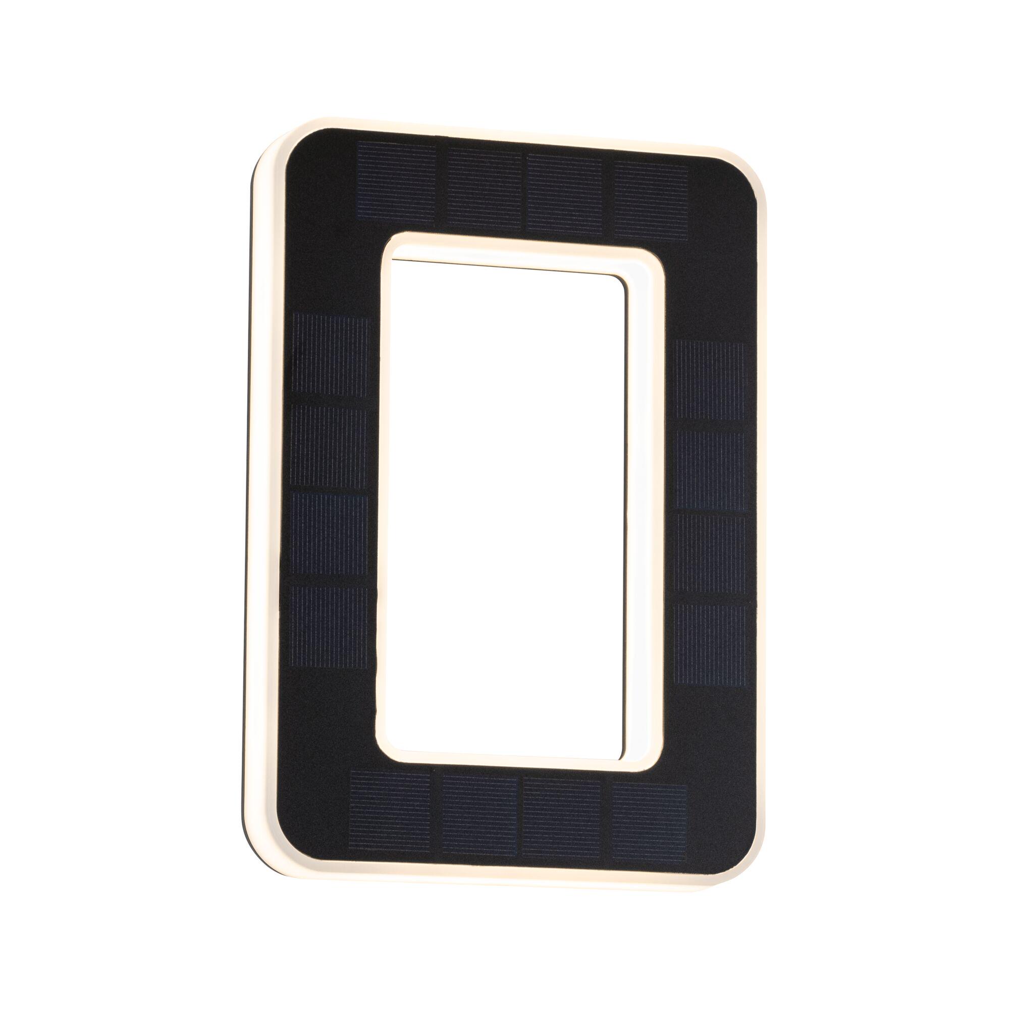 Rectangular black solar light with integrated warm white LED ring for energy-efficient outdoor lighting