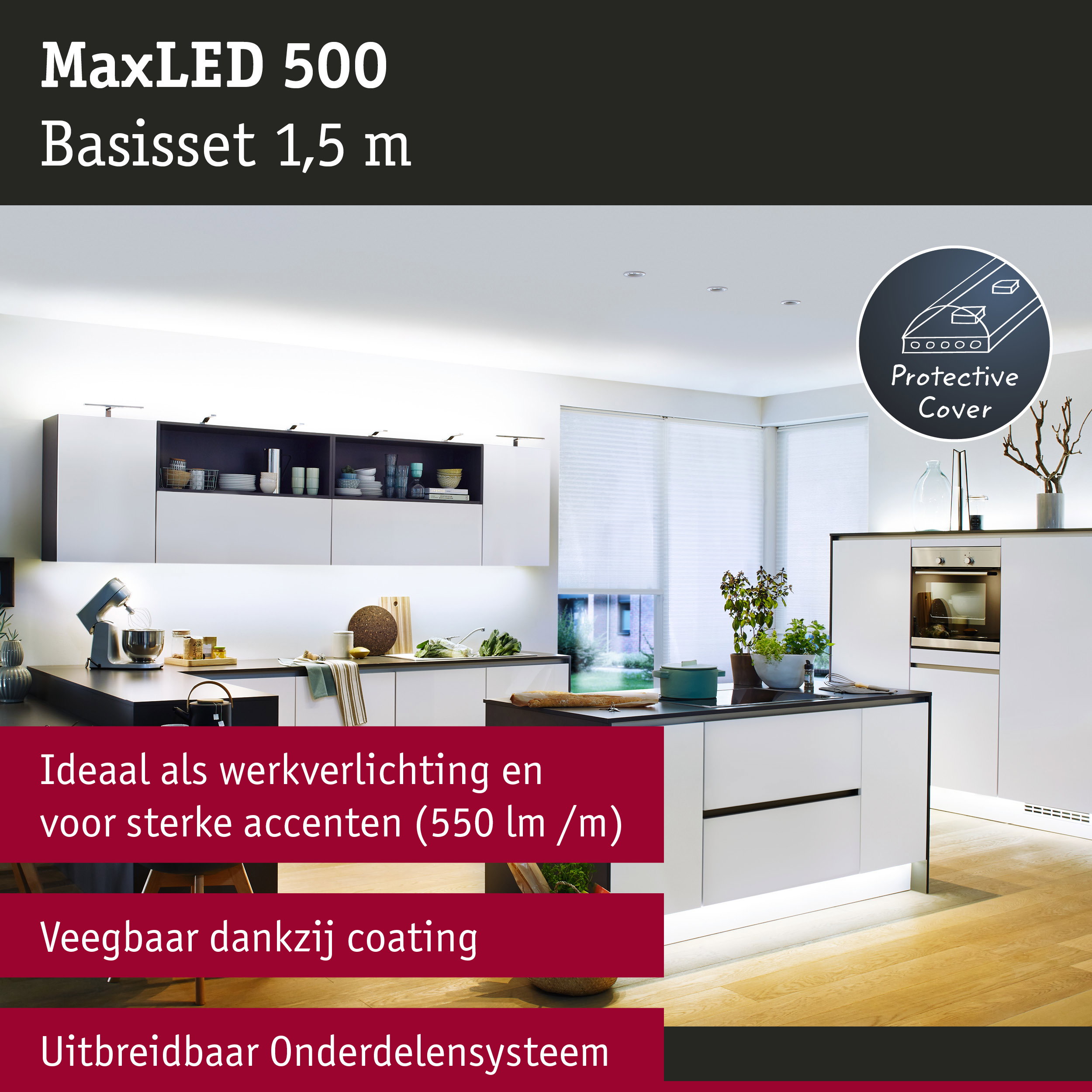 Moderne witte keuken met MaxLED 500 LED onderbouwverlichting, 1,5 m basisset met beschermkap