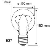Technische Zeichnung einer E27 Glühbirne mit 100 mm Durchmesser und 162 mm Höhe, 1800 K Lichtfarbe
