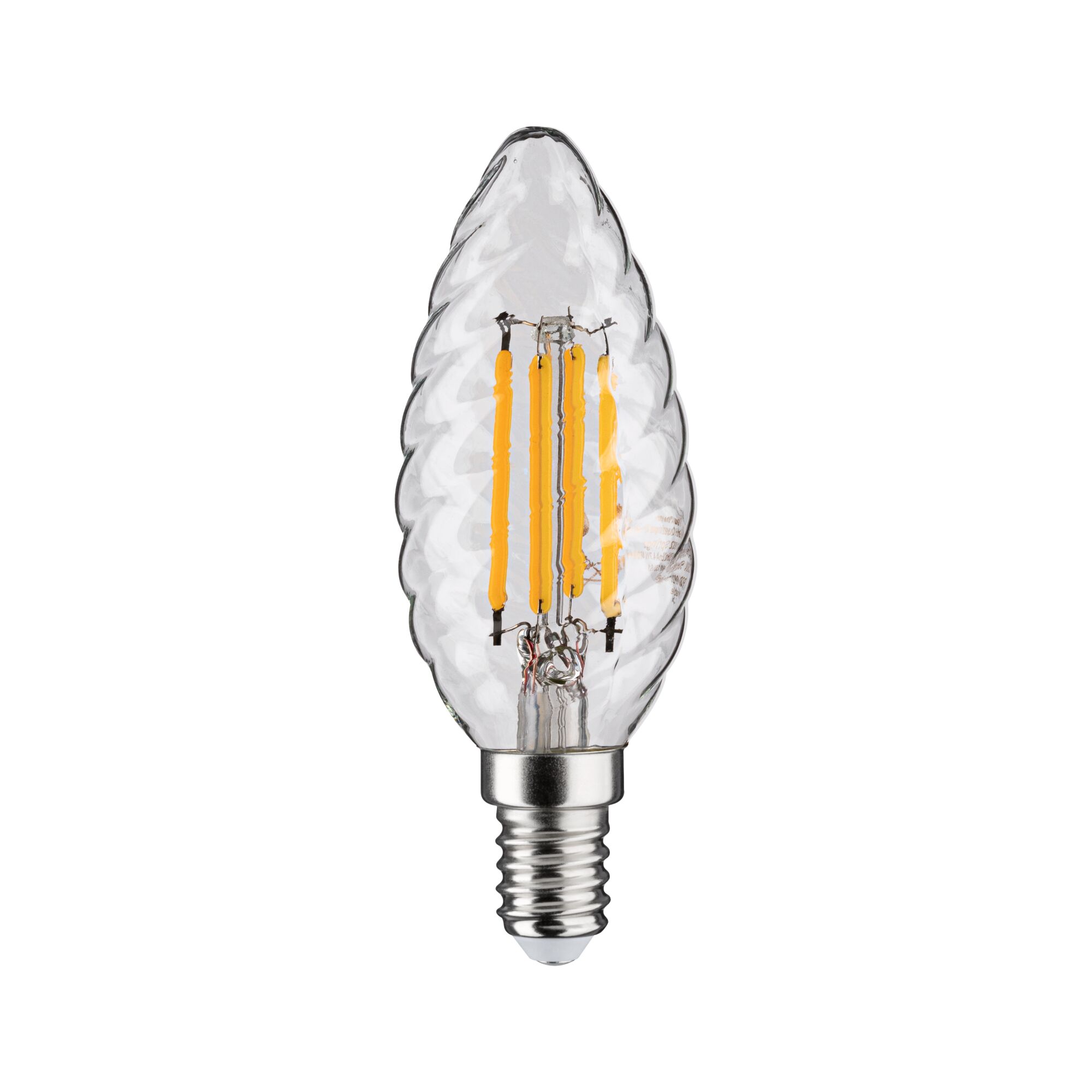 LED candle bulb with wavy glass and visible orange filaments for decorative lighting use