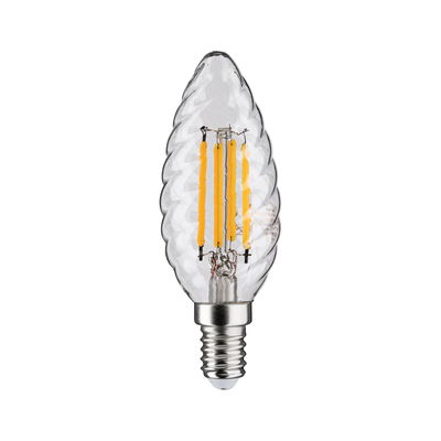 LED candle bulb with wavy glass and visible orange filaments for decorative lighting use