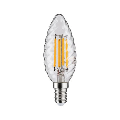 LED candle bulb with wavy glass and visible orange filaments for decorative lighting use