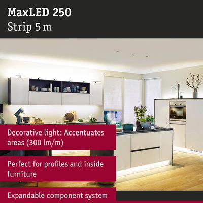 MaxLED 250 5m LED strip in white, decorative lighting for furniture and profiles in a modern kitchen