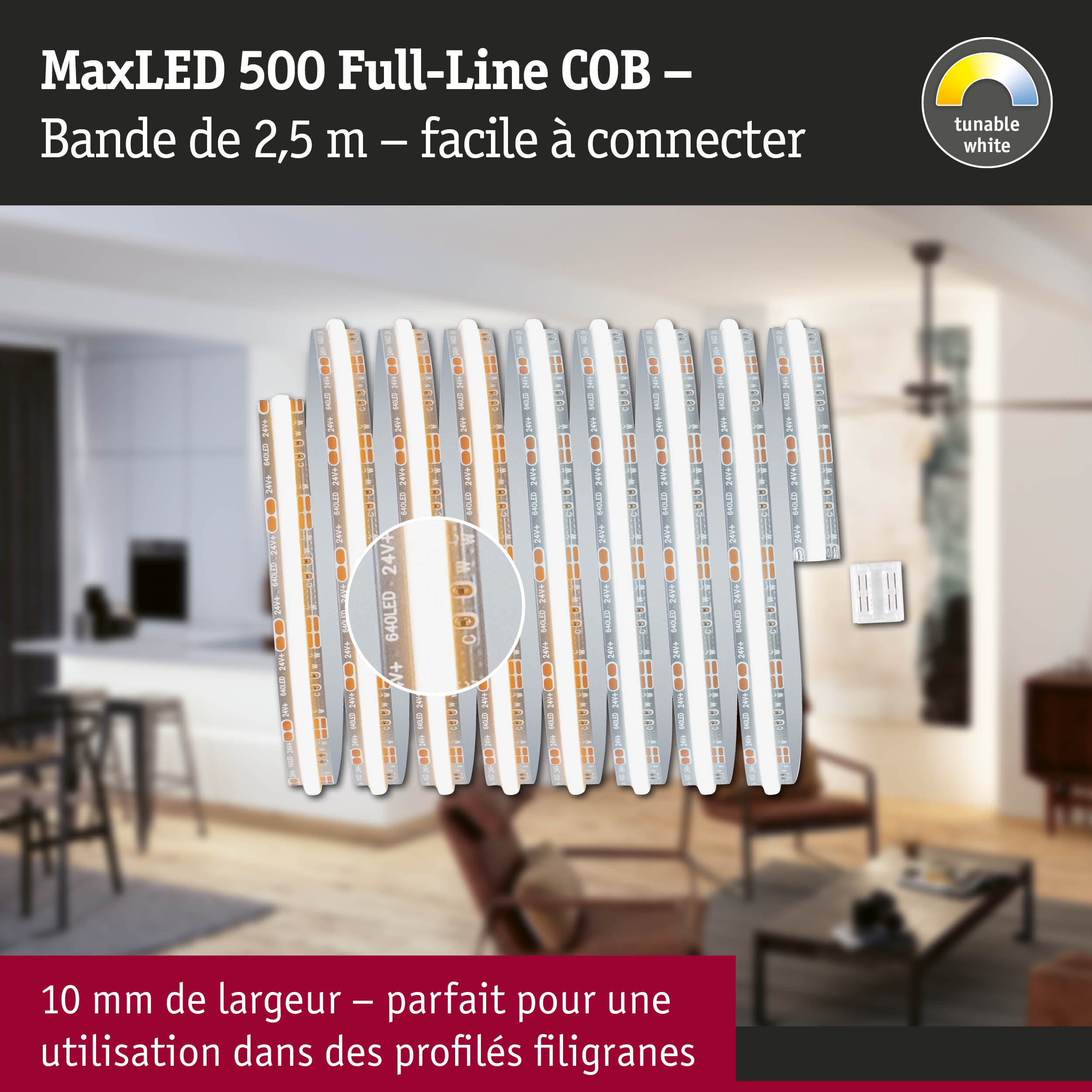 Bande LED MaxLED 500 Full-Line COB 2,5 m avec lumière blanche réglable, idéale pour profils fins de 10 mm