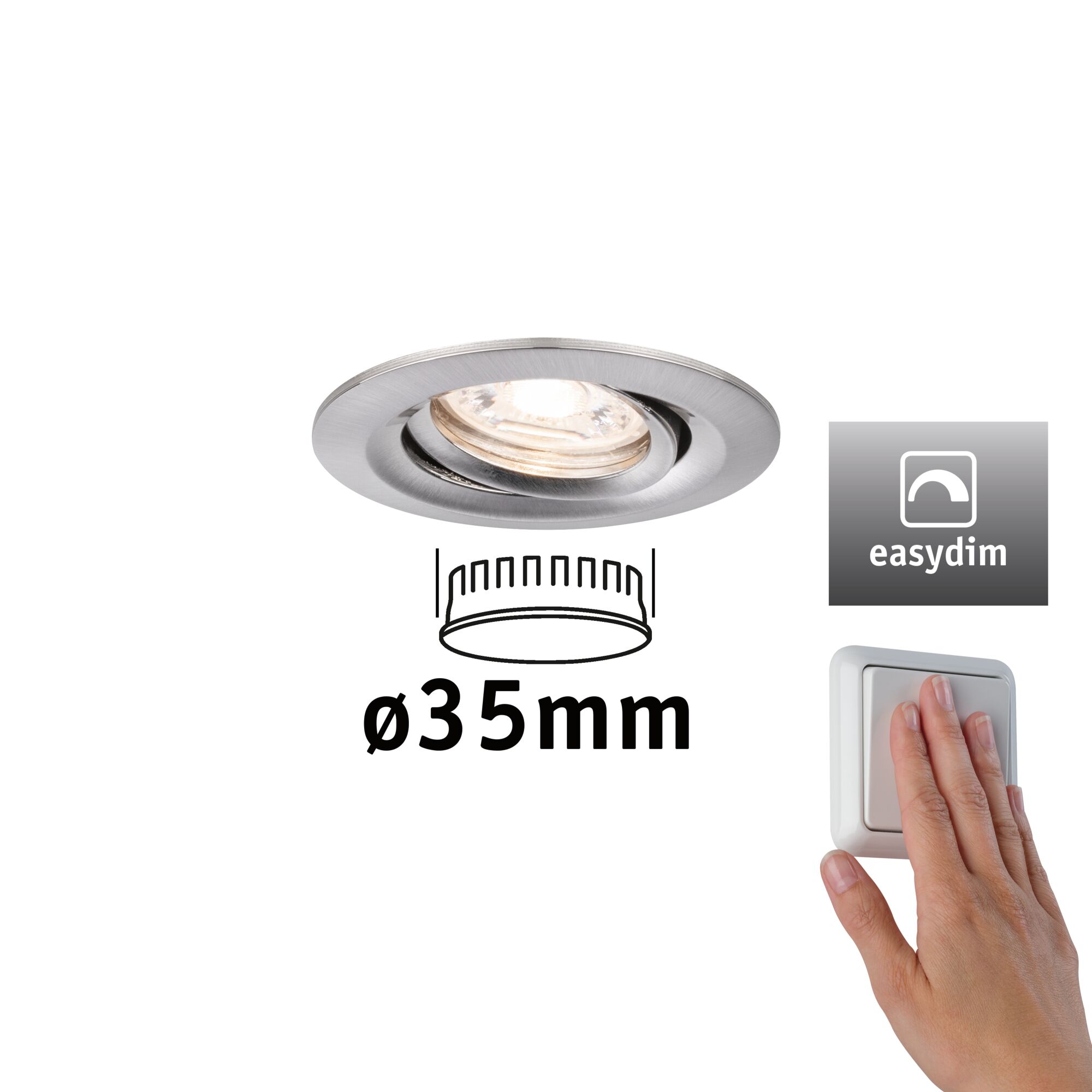 LED-indbygningsarmatur Easy Dim B-vare Nova Mini Plus Coin Enkelt lysarmatur svingbar rund 66mm 15° Coin 4,2W 300lm 230V dæmpbar 2700K Jern børstet Rund indbygningsspot i børstet sølv aluminium, 35 mm diameter, med dæmperkontakt til lysstyring