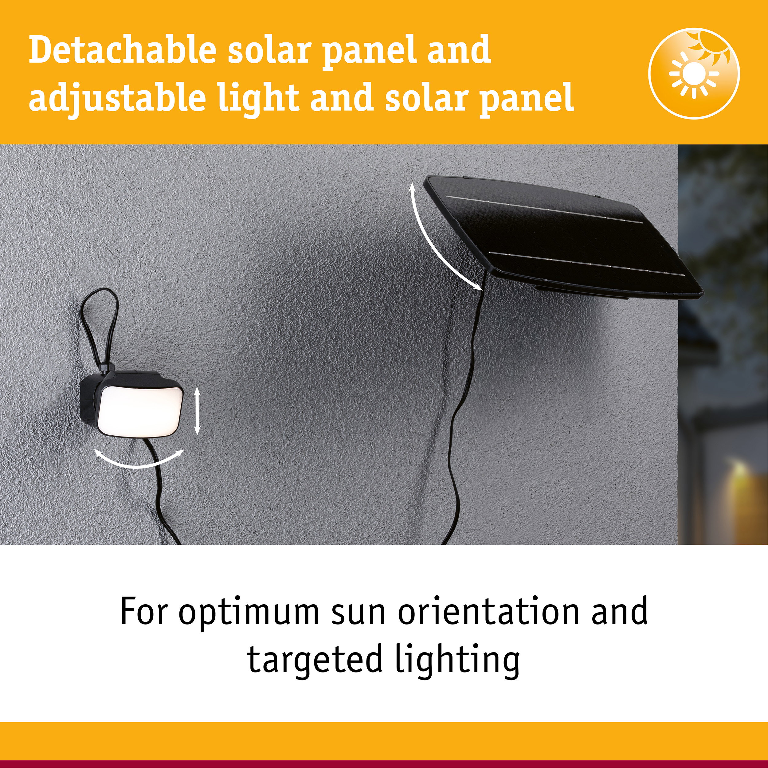 Black detachable solar panel and adjustable light mounted on grey wall for solar lighting