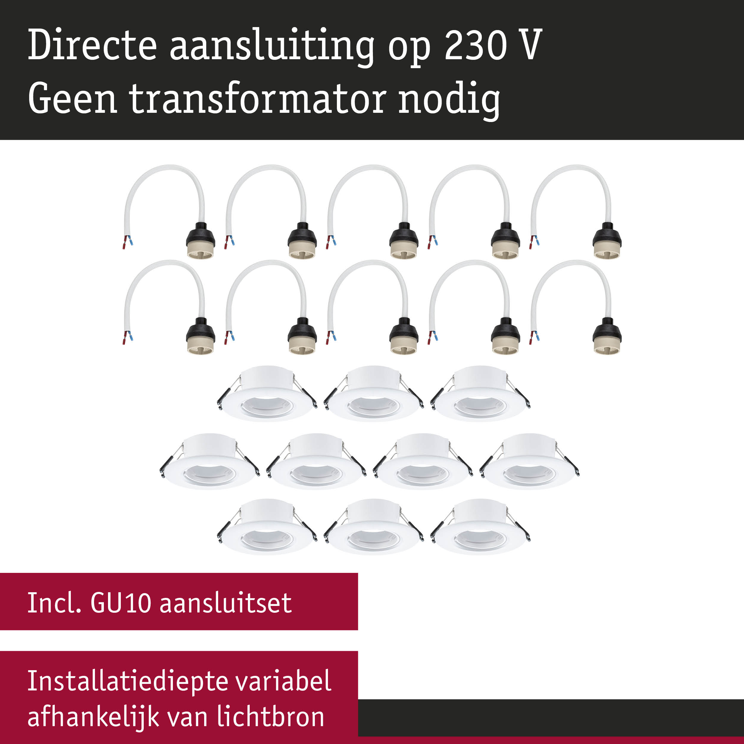 Witte inbouwspots met GU10 aansluitkabels en variabele installatiediepte voor 230V voeding