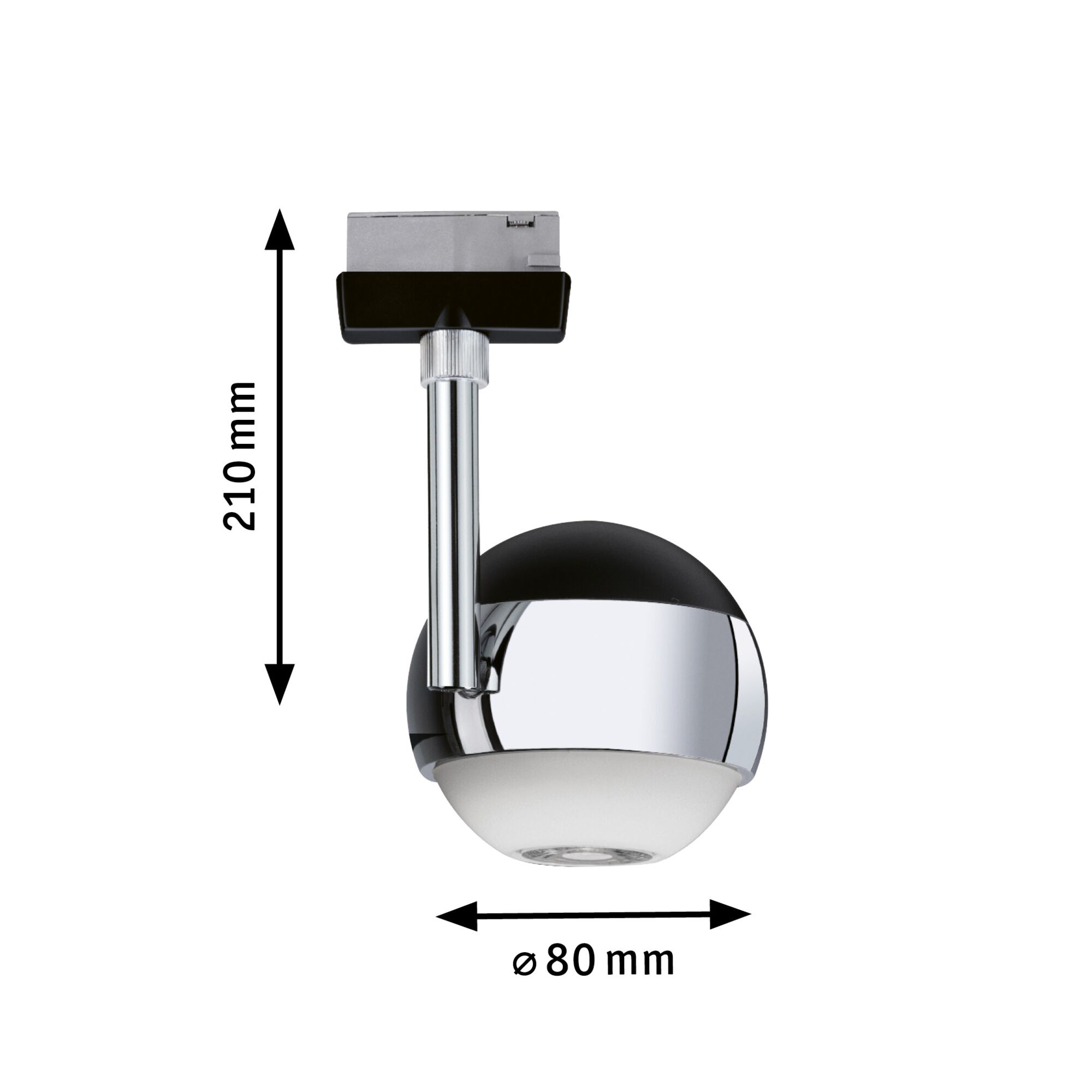 Round LED track light in chrome with white diffuser, 210 mm height, 80 mm diameter