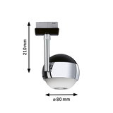 Round LED track light in chrome with white diffuser, 210 mm height, 80 mm diameter