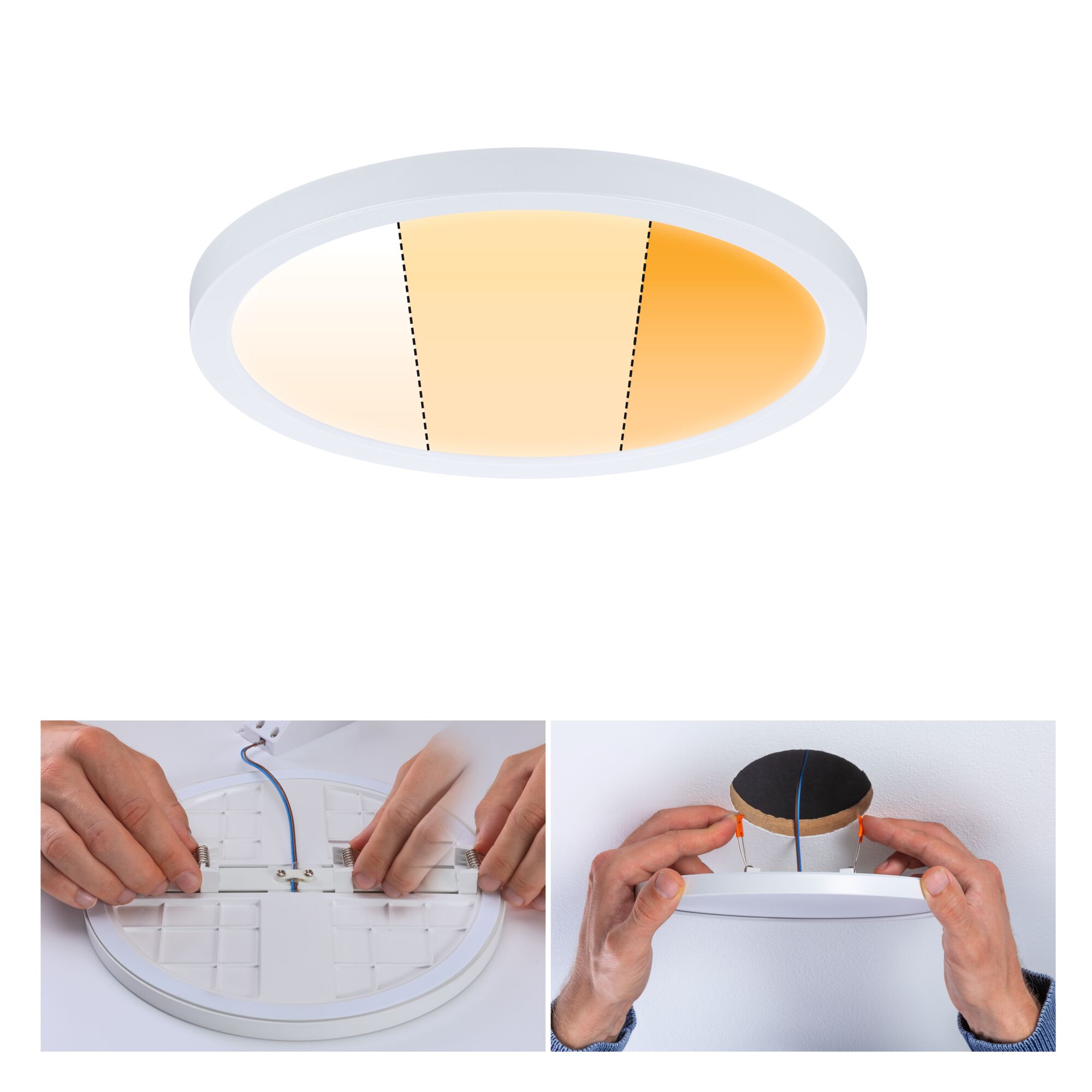 Round white LED ceiling light with adjustable color temperature, shown with installation steps