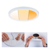 Round white LED ceiling light with adjustable color temperature, shown with installation steps