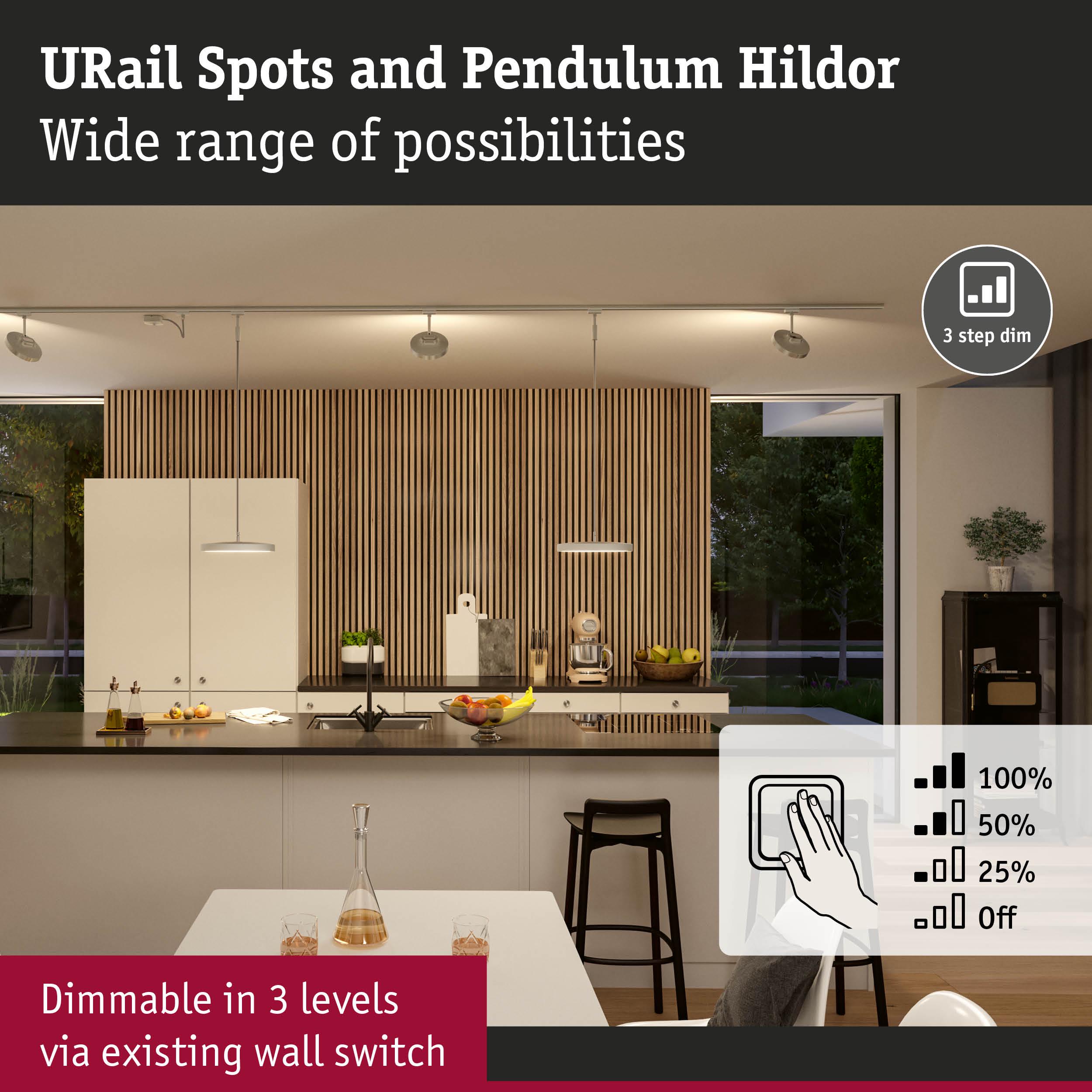 Modern kitchen with dimmable URail spots and Pendulum Hildor in white and wood for versatile lighting