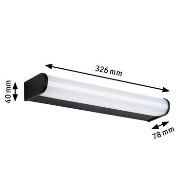 Black LED wall light with white diffuser, 326 mm length, 78 mm width, 40 mm height, modern indoor lighting