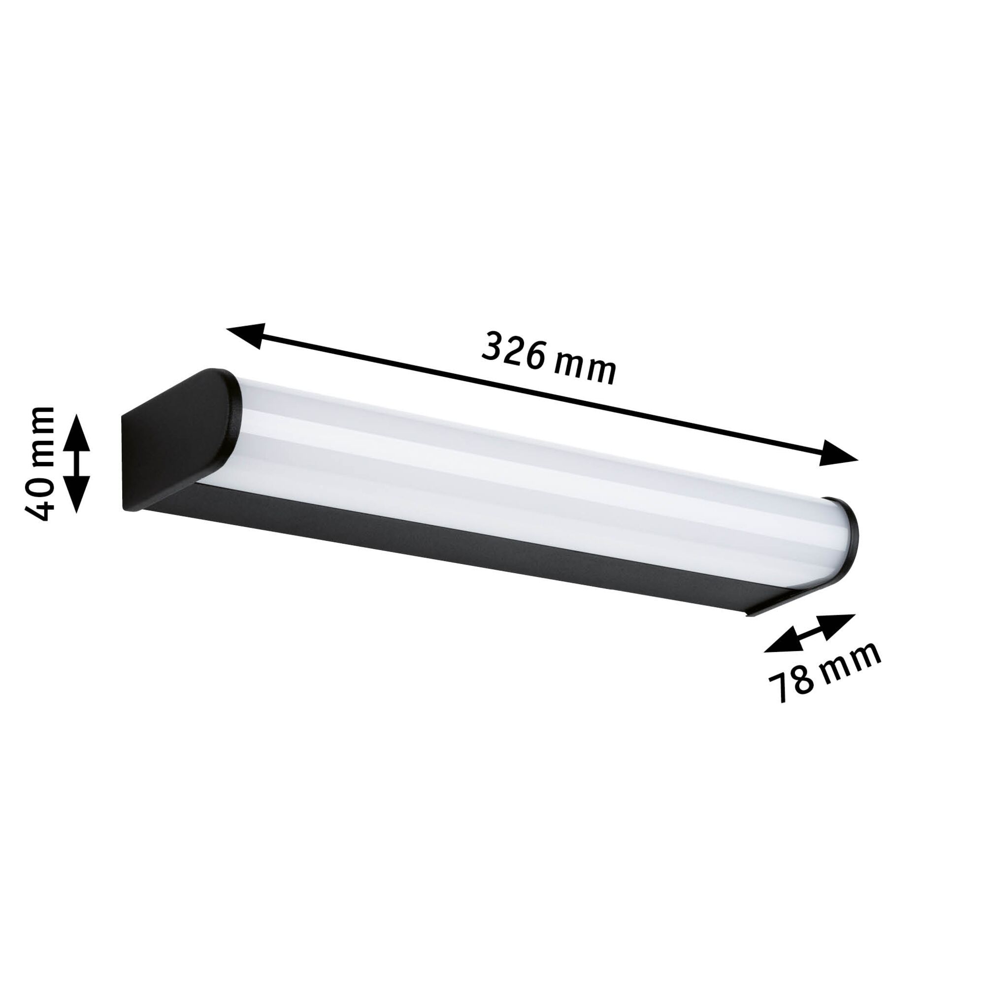 Schwarze LED-Wandleuchte mit weißem Diffusor, 326 mm lang, 78 mm breit, 40 mm hoch, moderne Innenbeleuchtung