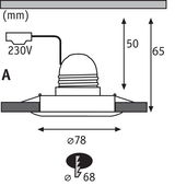 Technische Zeichnung eines Einbaustrahler mit 230V Anschluss, 78 mm Durchmesser, Maße in mm.
