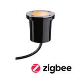 Compacte zwarte kunststof LED-inbouwspot met roestvrijstalen ring en warm wit licht voor buitenverlichting