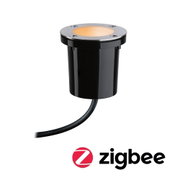 Kompakter LED-Einbaustrahler aus schwarzem Kunststoff mit Edelstahlring und warmweißem Licht für Außenbeleuchtung