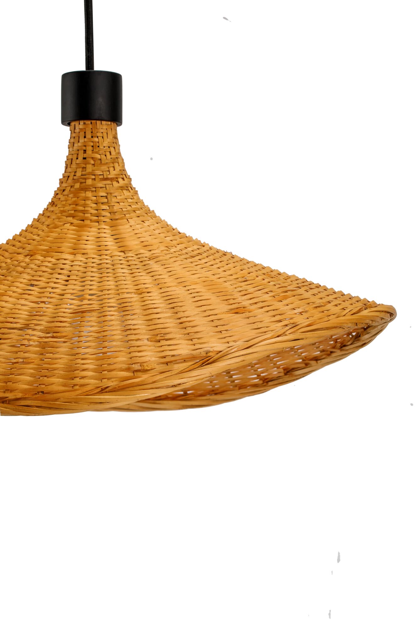Pendant lamp made of woven natural material in light brown with black cable for home lighting
